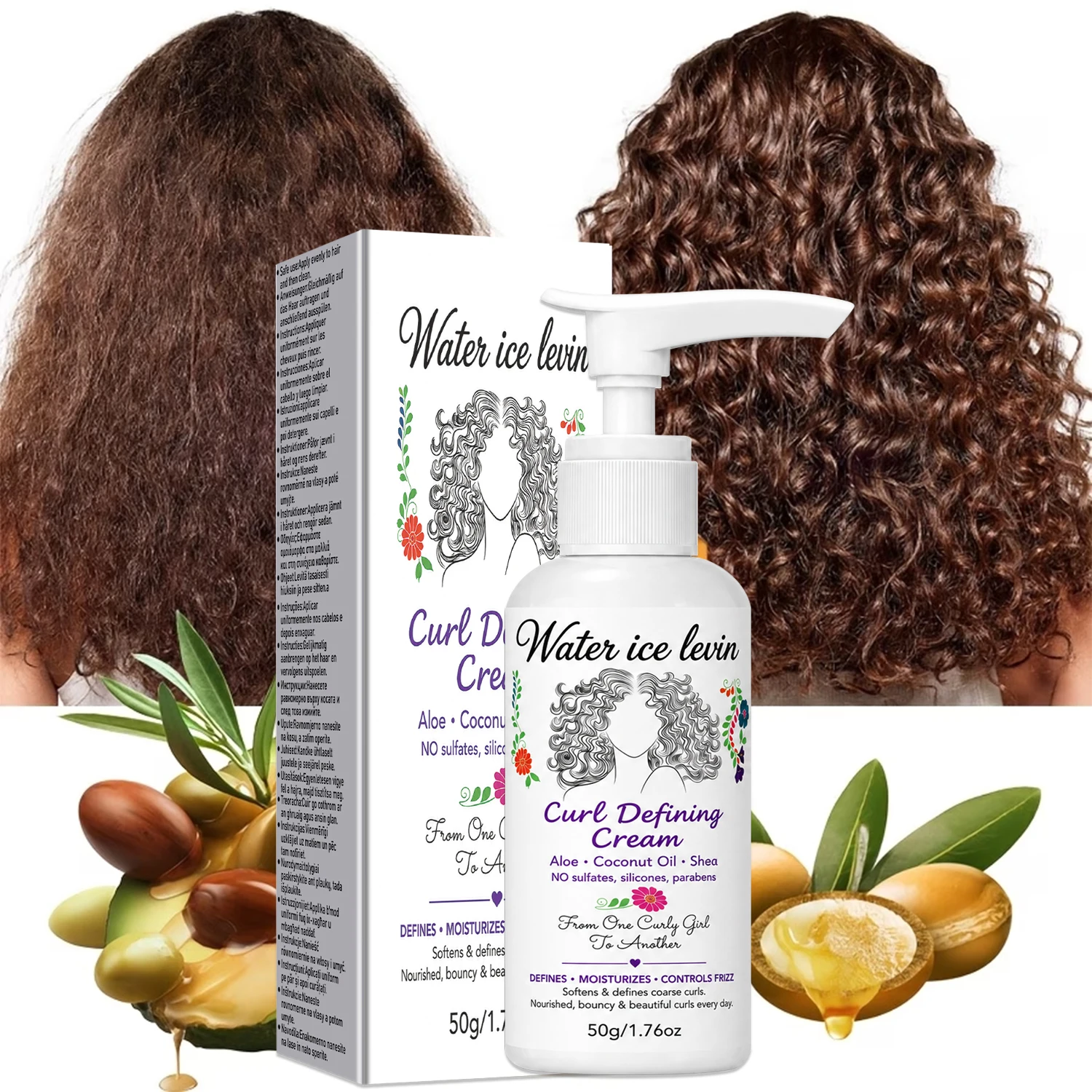 Water ice levin Curl Defining Cream 50g Aloe Coconut Oil Moisturizing Anti Frizz Hair Cream