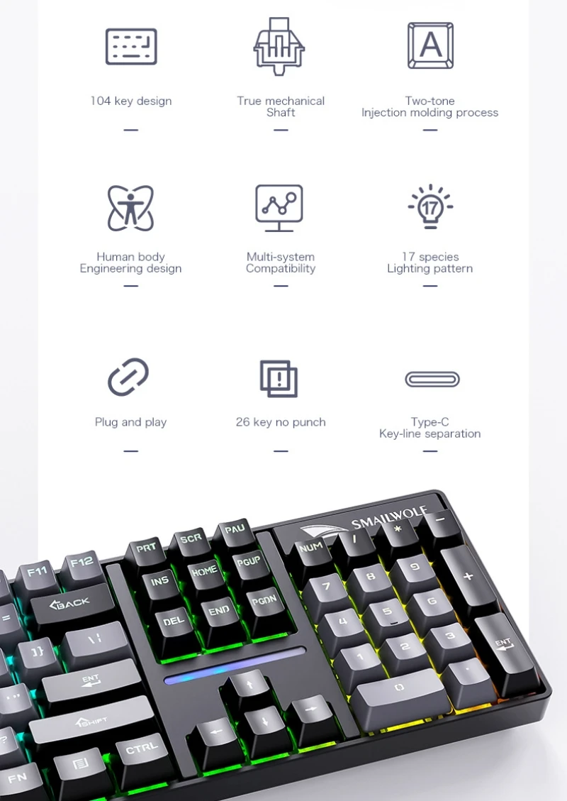 Russian Mechanical Keyboard Gaming Keyboard 100% Layout Spanish Arabic Korean Keyboard Mouse 104 Key RGB Light Wired Numpad SK18
