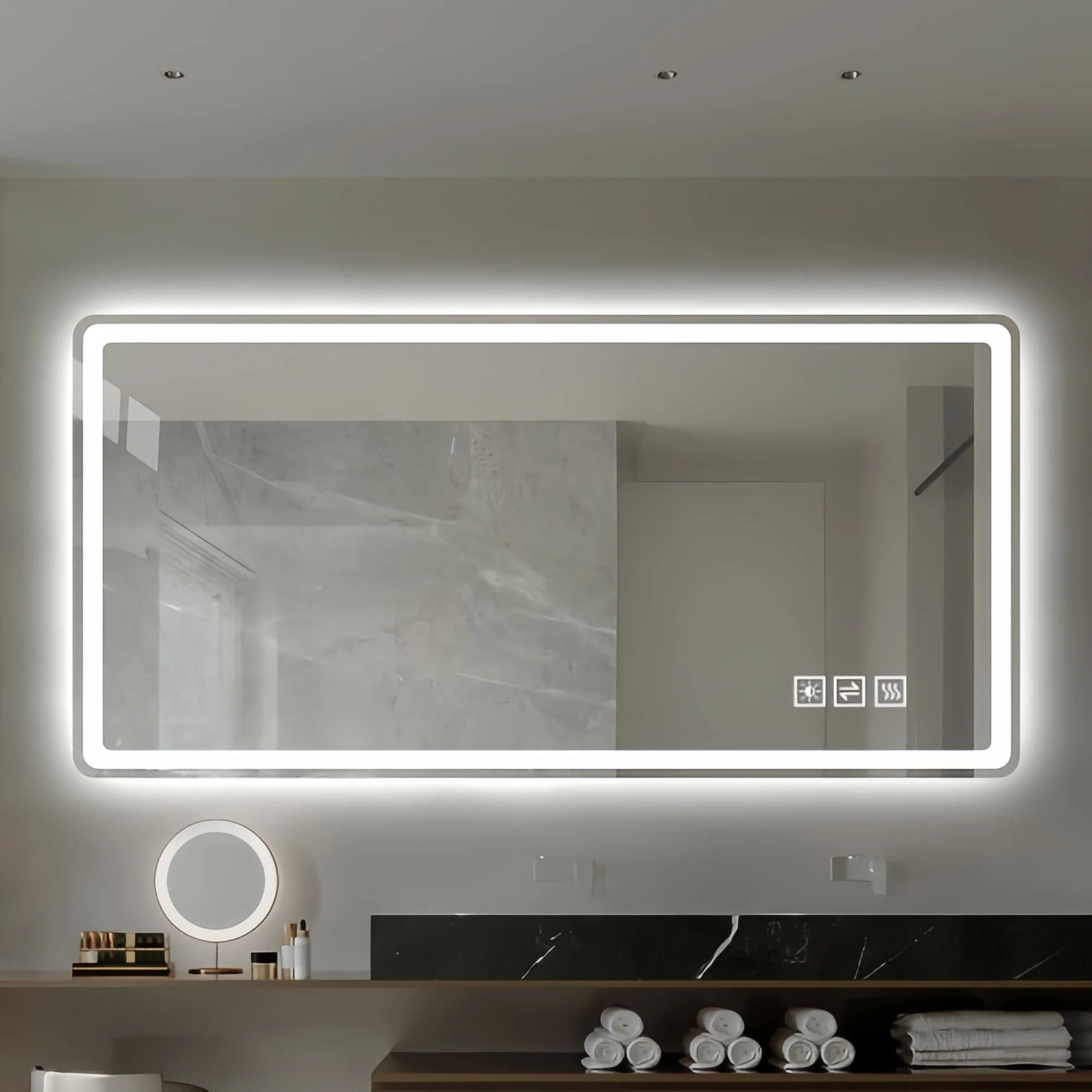 LED-Badezimmerspiegel, 60 × 100 cm, rahmenloser Spiegel, mit mattierter Hintergrundbeleuchtung, beschlagfrei, 3 Farbtemperaturen, stufenlos dimmbar, Speicherfunktion, für horizontale und vertikale