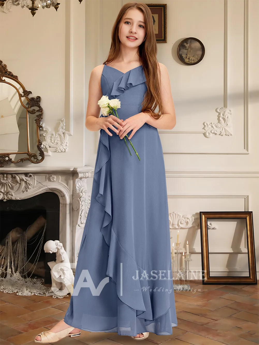 Элегантное шифоновое платье трапециевидной формы с v-образным вырезом длиной до пола, платье подружки невесты с каскадными оборками, праздничное платье для девочек с цветочным узором, свадебное торжественное платье