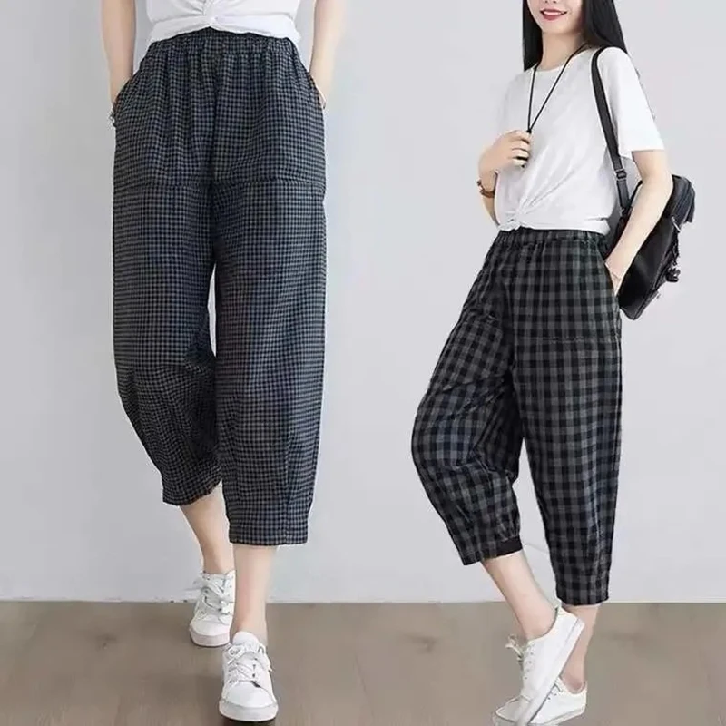 2021 Spring Summer Plaid Pants Women's Harem Pants Capris Drawstring Waist Large Size Casual Loose Cotton Linen Trousers Women