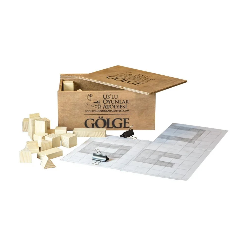 Jogo de madeira educacional, tabuleiro, material, jogo de sombra de converter um objeto arquitetônico, tridimensional em um 2 dimensional