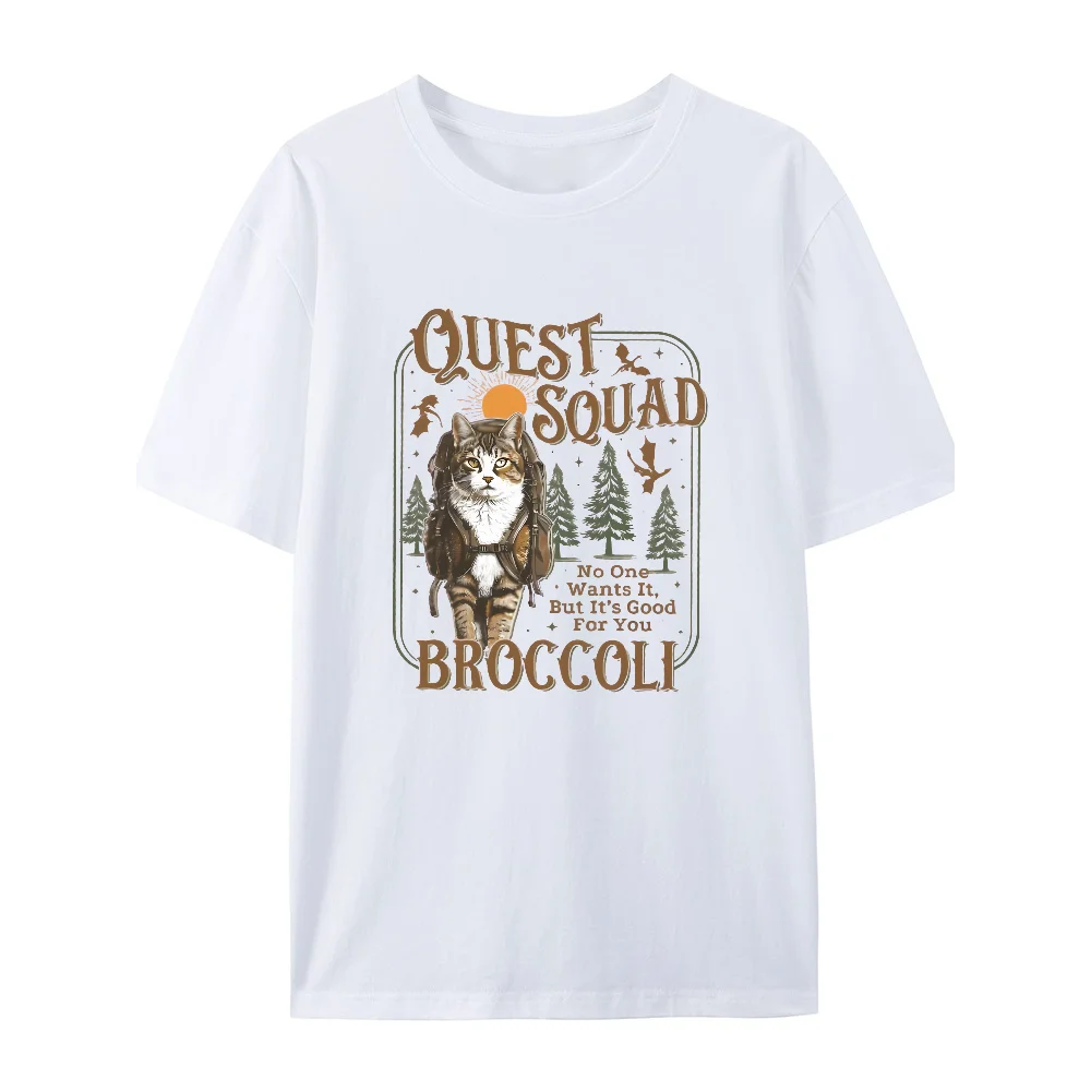 Koszulka Onyx Storm Quest Squad Broccoli Śmieszny Kot Grafika Męska i Damska Wygodna Krótki Rękaw Casualowe Topy