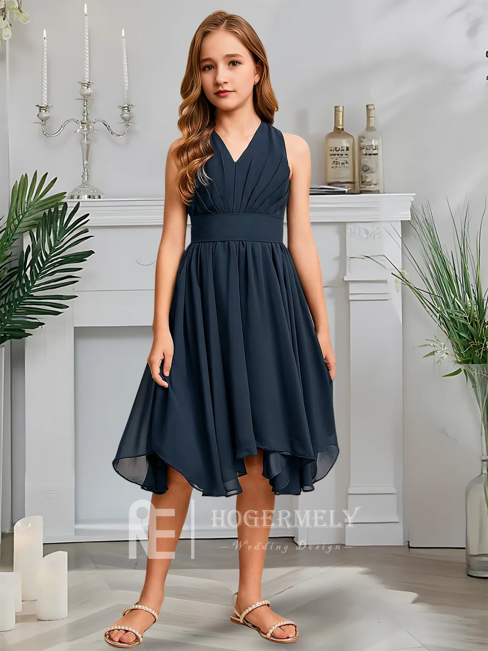 Vネック ジュニア ブライズメイドドレス フラワーガールドレス シフォン フリル付き キッズ ガールズ ウェディングパーティー ガーデン フォーマルドレス