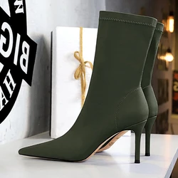 BIGTREE Shoes Stiletto Sexy Pointed Toe ANKLE Boots Black Sexy Stretch Fabric Thin High Heel Pole Dancing Winter Boots