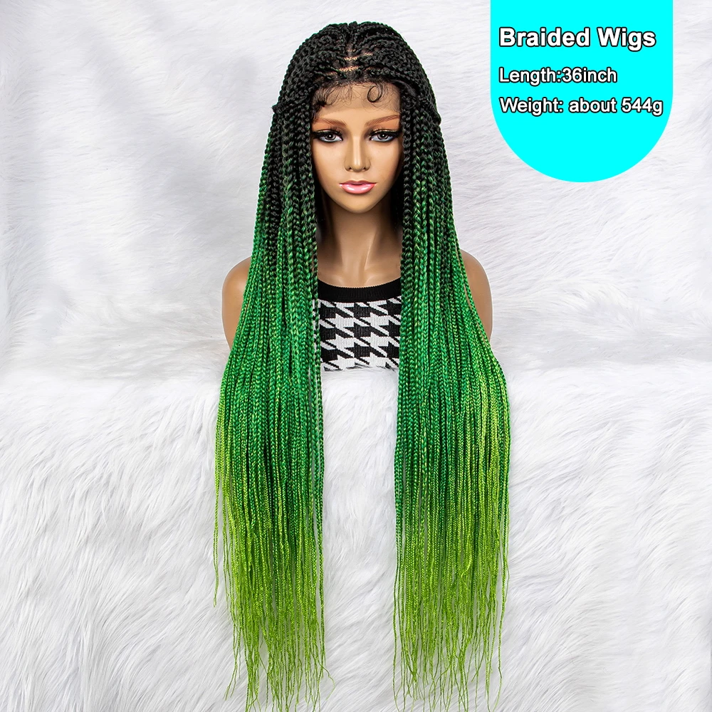 Wig kepang warna-warni warna gradien baru Wig depan renda sintetis 9x6 Wig kepang kotak tanpa simpul renda depan untuk WANITA HITAM