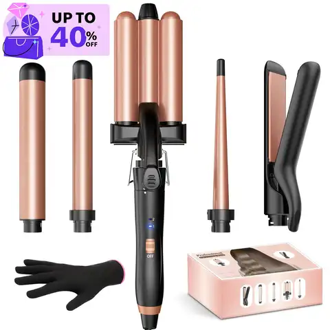 BESTOPE PRO-Ensemble de baguettes de fer à friser 5 en 1, fer à friser avec fer à lisser, 3 barils, fer à sertir les cheveux, 3 bigoudis en céramique