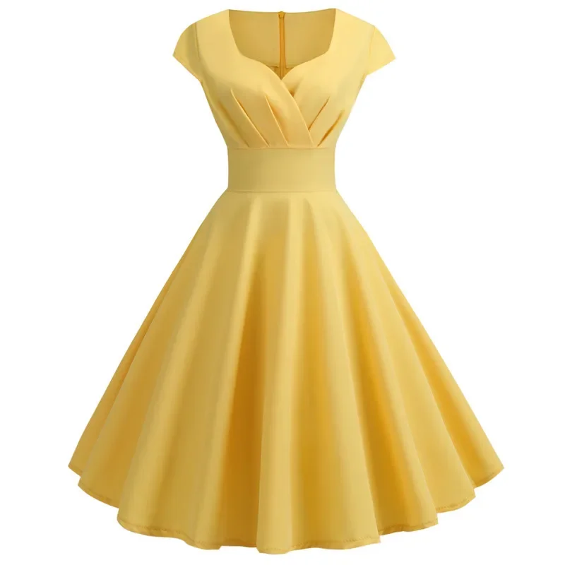 Damska letnia sukienka w jednolitym kolorze Retro Vintage 50s 60s Casual Party Office Robe Rockabilly Dresses Vestidos — zdjęcie 2