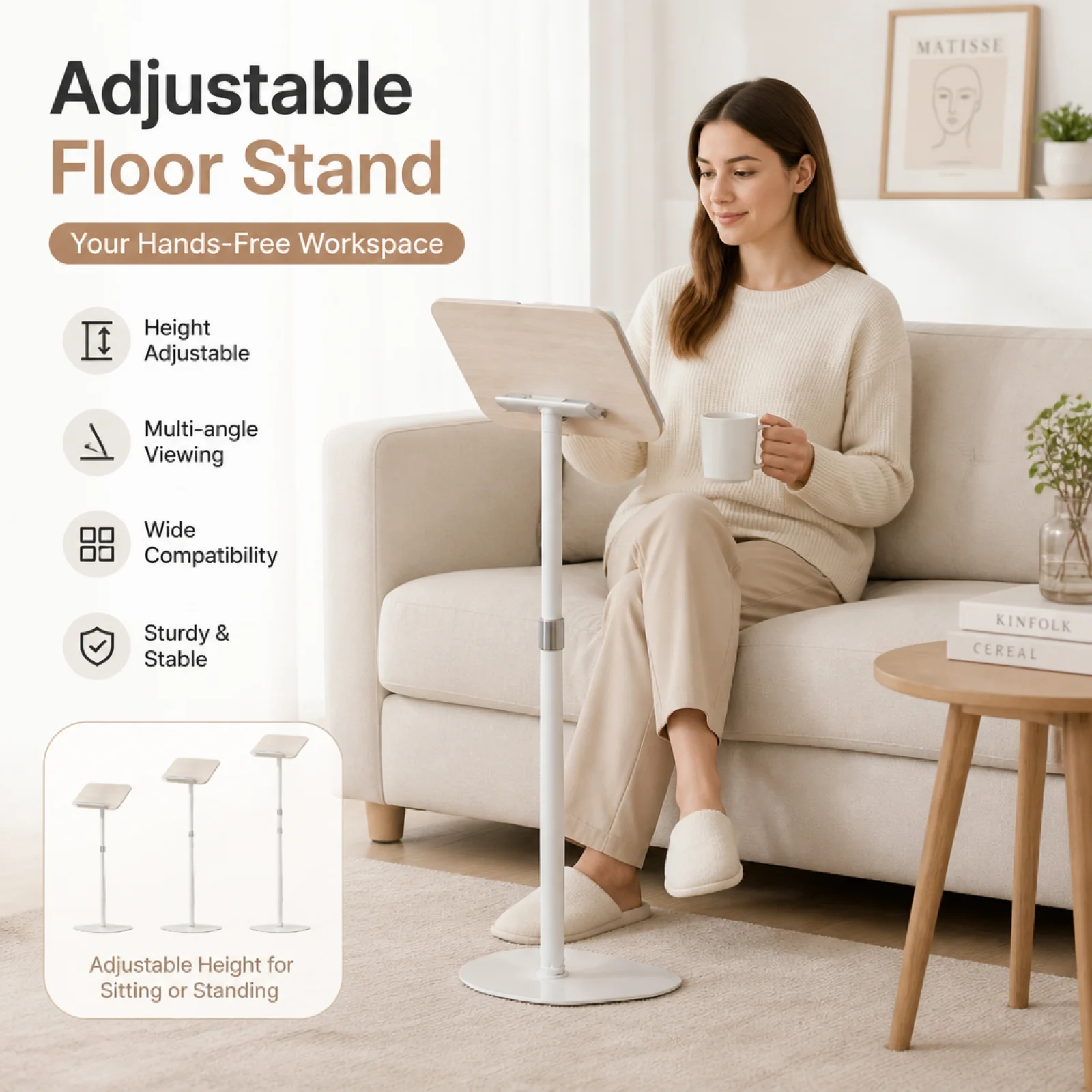 Floor Reading Stand Hands-Unrestricted Floor Book Stand with Base Book Holder Ergonomic Podium Sturdy for Students, Home Study
