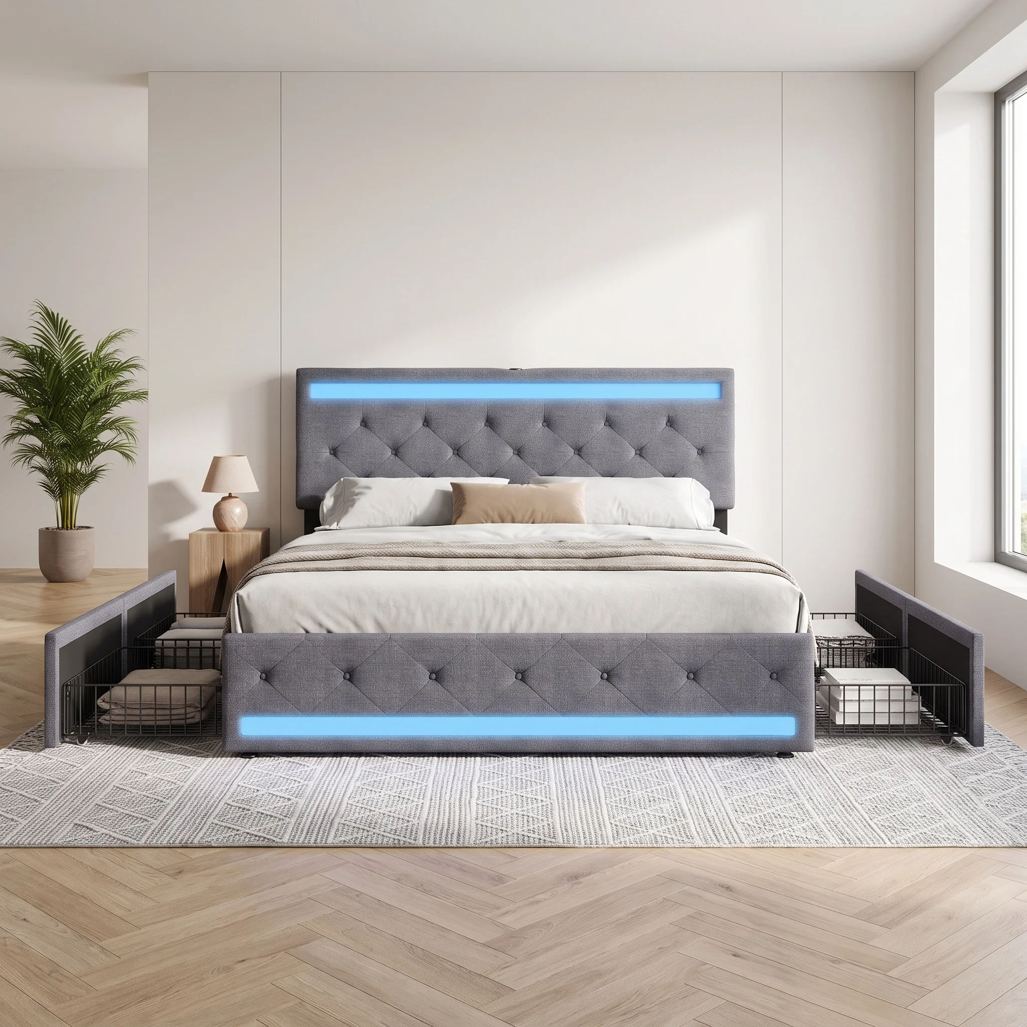 Struttura per letto in tessuto di lino scuro con quattro cassetti in metallo e vano contenitore sotto il letto, ideale per la camera da letto; materasso non incluso.