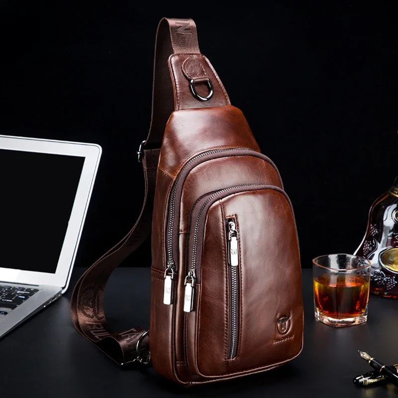 BULLCAPTAIN męska prawdziwa skóra torba na klatkę piersiowa moda rekreacyjna wielofunkcyjna torba Crossbody muzyka torba na klatkę piersiowa torba na klatkę piersiowa męska — zdjęcie 2