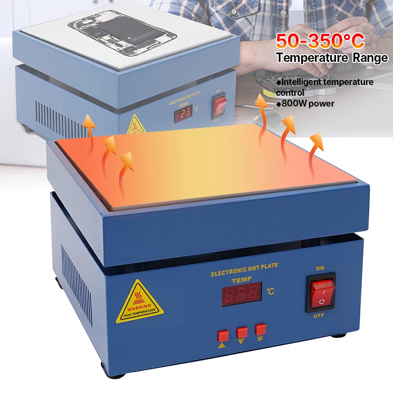 Elektryczna płyta grzewcza 800W 50-350 ℃ Cyfrowy wyświetlacz LCD, obszar grzewczy 20x20cm, do lutowania laboratoryjnego, naprawy SMD, pakowania folii PCB.