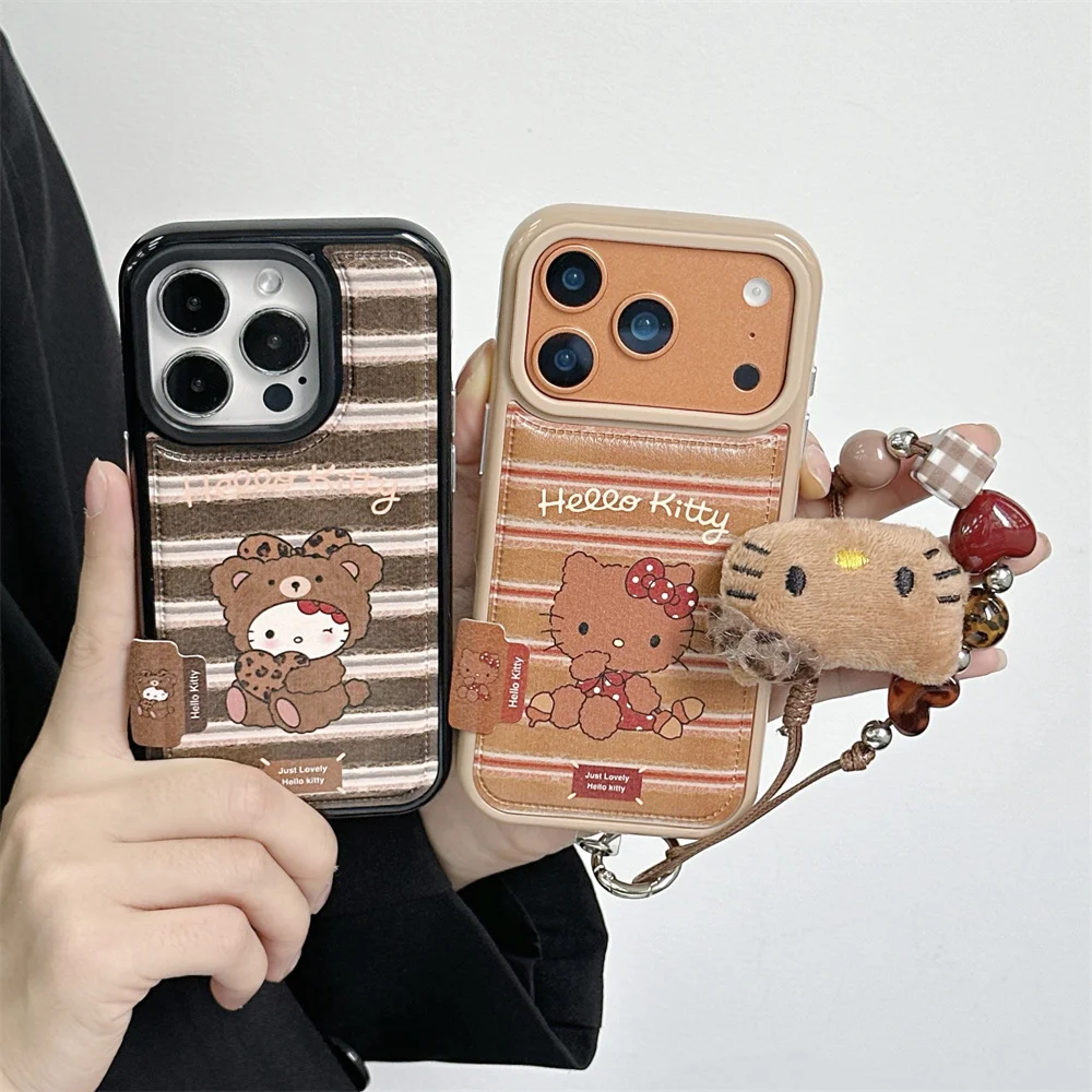 

New Korean Cute Grid Pattern HelloKitty Phone Case with Hanging Rope, Compatible with iPhone 17 Promax 14, 15, 16 13Pro Max Prot