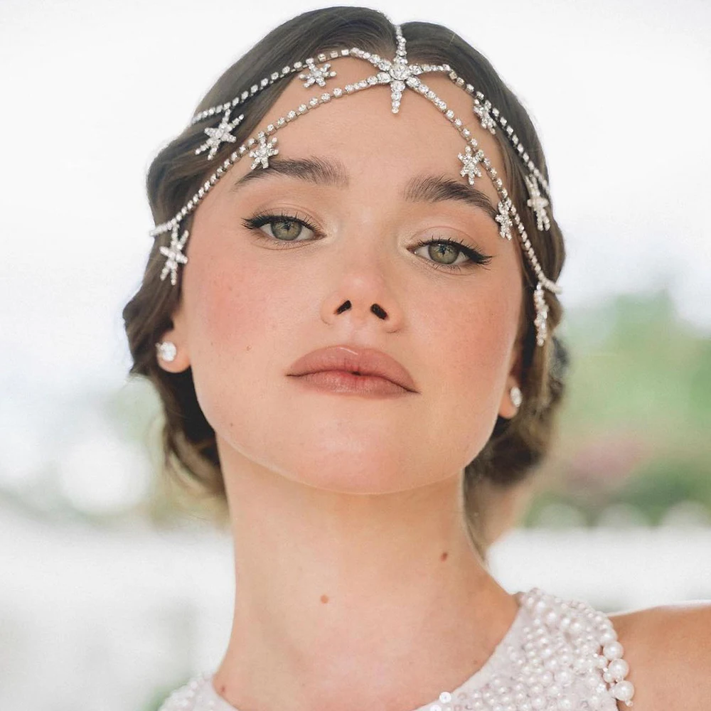 Luxury Rhinestone Bridal Star Head Chain Mesh Jewelry for Women Princess Prom Wedding Crystal Multi Layer Head Chain Tiara Gift