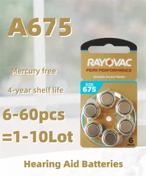 6-60PCS / 1-10 Cards Rayovac PERK 675/A675 Zinc Air Hearing Aid Batteries 1.45V 675A A675 675 PR44 Battery Wholesale Price