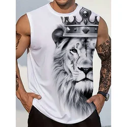 2024 New Summer Style Mighty Lion Print Men's Round Neck Vest Street Fashion Harajuku Daily Sports Fitness Men's Casual Vest