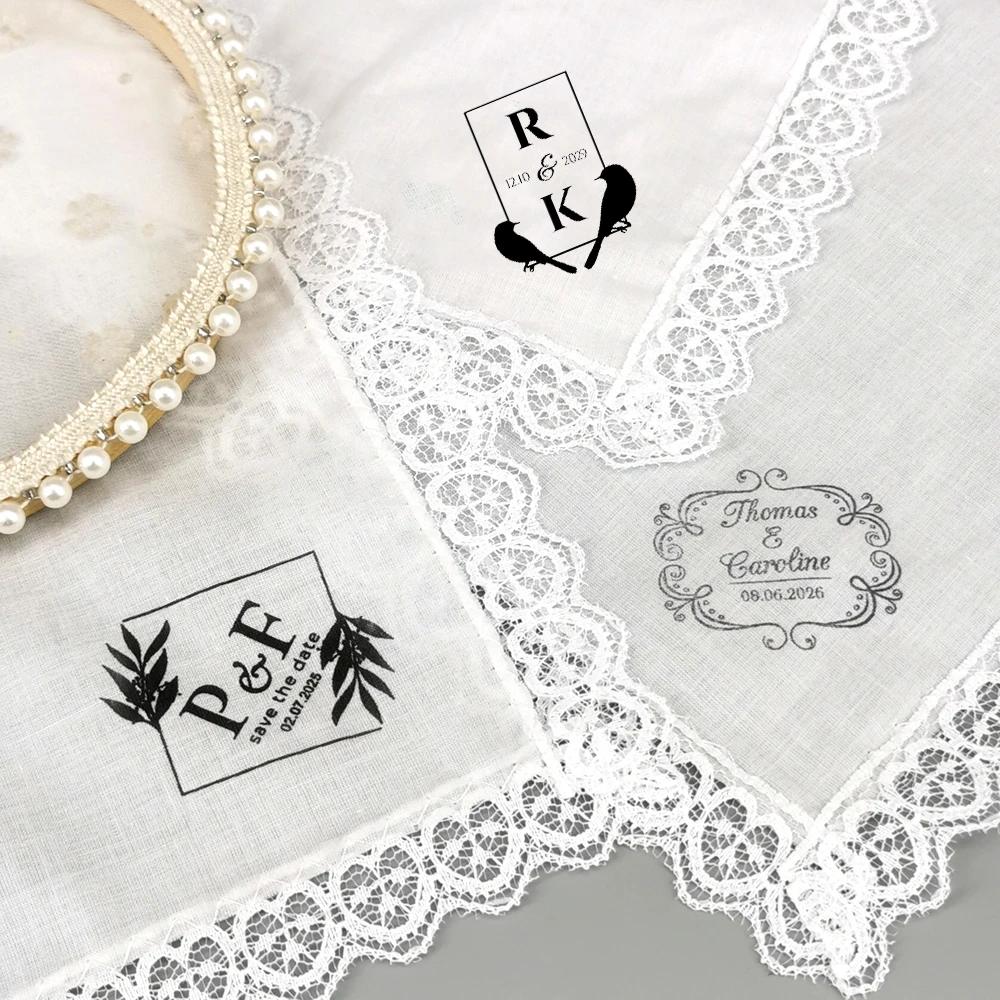 10Pcs 25mm Custom Handkerchief  Personal Name Cotton Lace Napkin Save the Date Wedding Table Decoration Bridal Mother Keepsakes