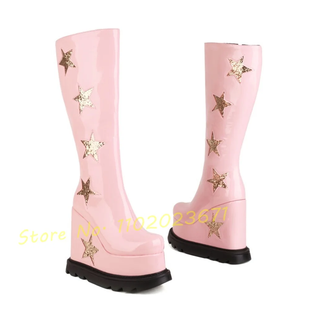 

Star Print Wedges Long Boots Women Chic Platform Knee High Boots Shiny Leather Winter Fashion Ladies Luxury High Heels Boots