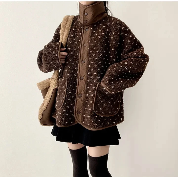 3 farben Herbst Winter Koreanische Chic Stil Woolen Jacke frauen Casual Lose Lamm Pelz Koreanischen Stil Floral Warme Mantel weibliche (hf7416)