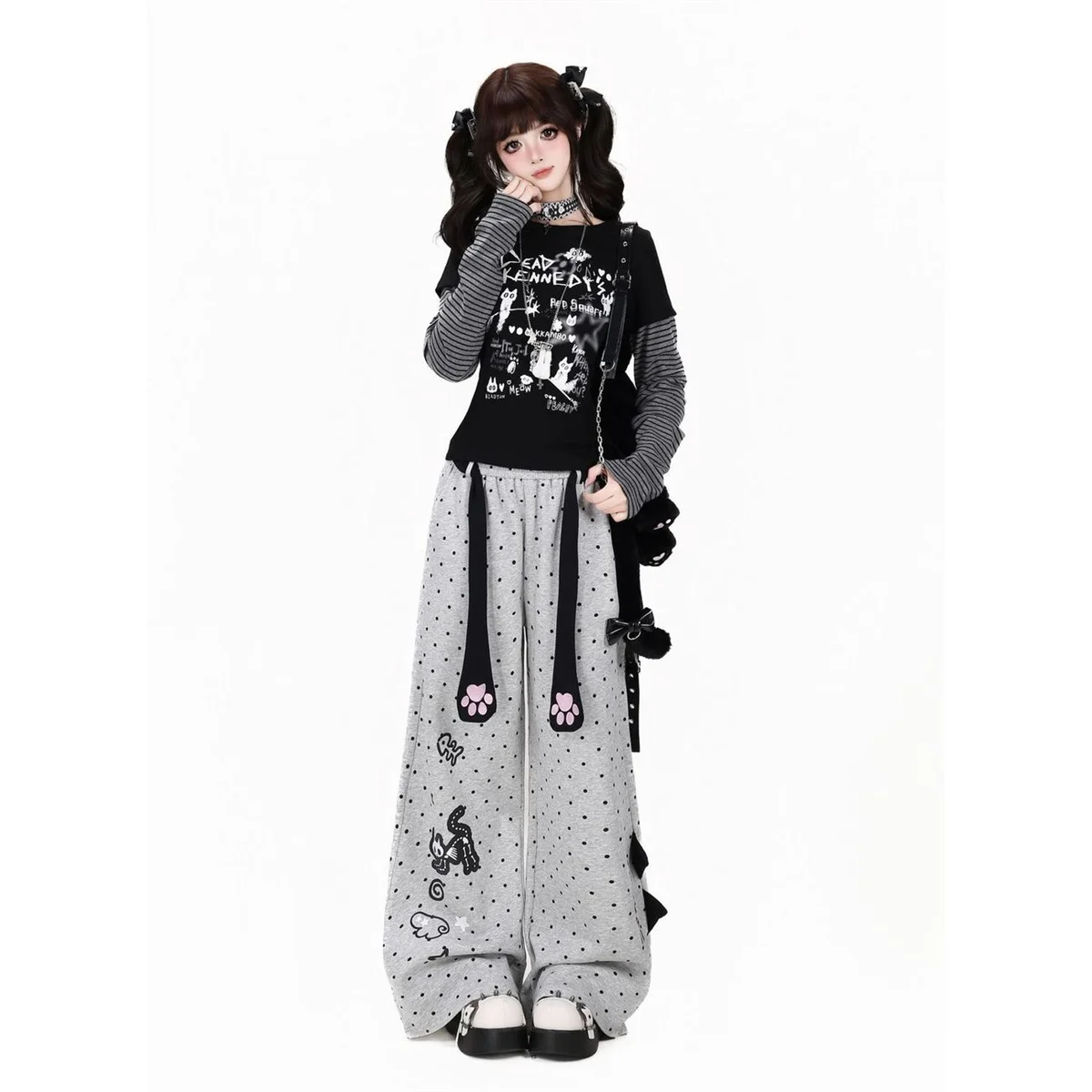 Japanische Süße Coole Neue Polka-Dots Niedlicher Cartoon-Print Hochgeschnittene Hose Lose Lässige Gerade Jogginghose Schwarze Damenhose – Detail 2