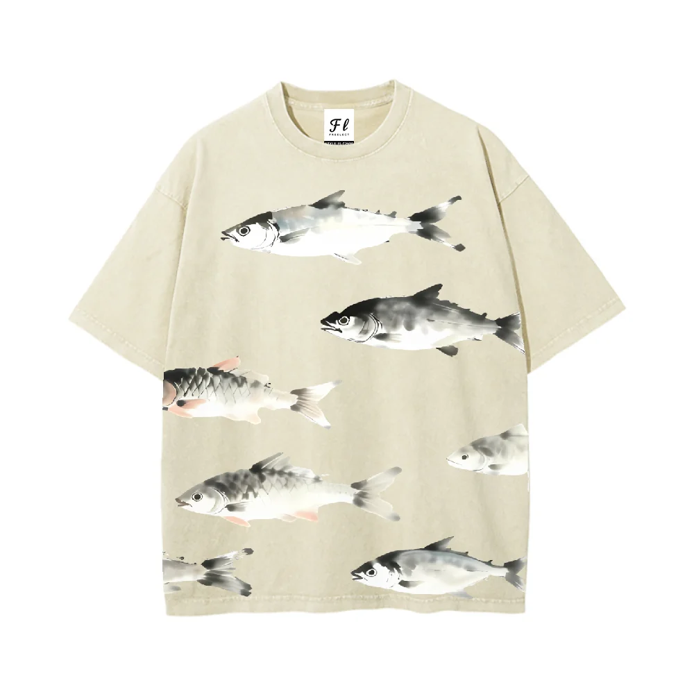 T-shirt oversize lavata vintage dal design unico di pesci inchiostro con arte di pesci acquatici e atmosfera retrò Un must per gli appassionati di moda