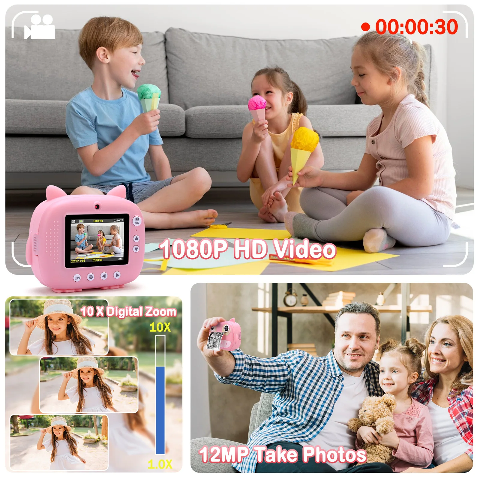 New 16X Zoom Kids Camera Instant Print 1080P HD Video Photography 1080P HD Photo Video Camera Photo Camera Game Boy Girl Gifts