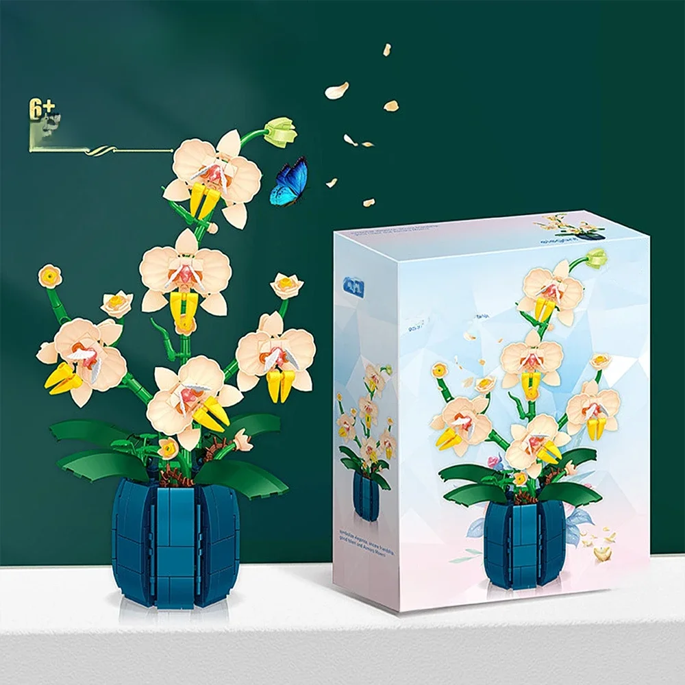 Blocos de construção orquídea flores buquê blocos de flores bonsai planta modelo tijolos romântico