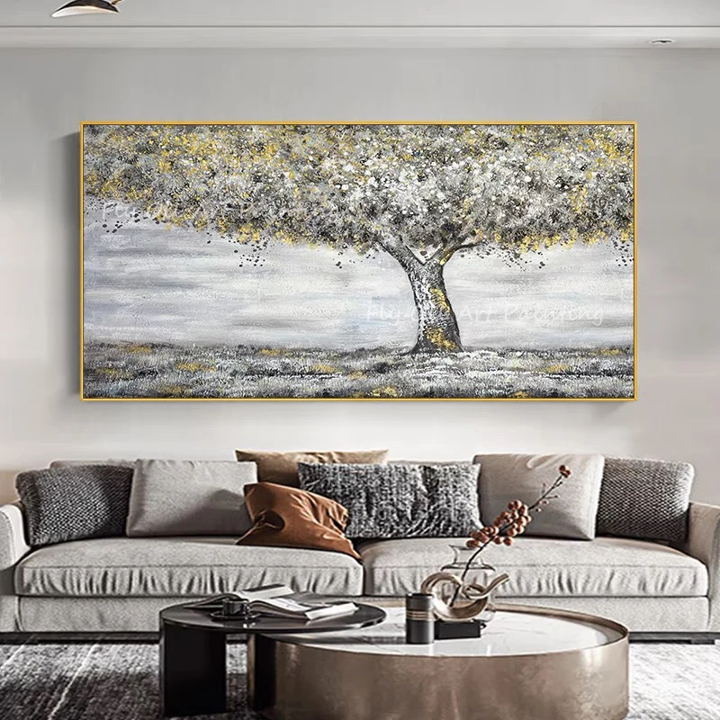 

100% Hand Painted gold foil luxury tree forest landsacpe picture thick grey canvas Oil Painting Porch Aisle For Living Room Art