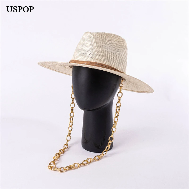 USPOP New Straw  Hats Summer Wide Brim Hats  Beach Hat Natural Sisal Sun Hat With Chain