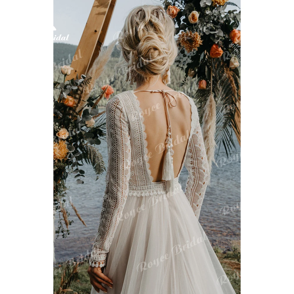 Bohemian ชุดแต่งงานแขนยาวสาย V คอ Backless ลูกไม้ชายหาด Tulle ชุดเจ้าสาวยาว Boho ชุดเดรสเจ้าสาว Robe De mariee