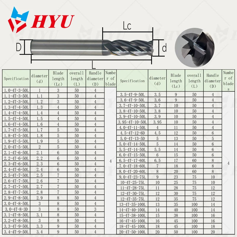 HYU Schaftfräser HRC 55 CNC Vollhartmetall-Schaftfräser Stahlschneider 4 Nuten 6 8 10 12 16 20 mm Fräser Metallschneider Fräswerkzeuge – Detail 14
