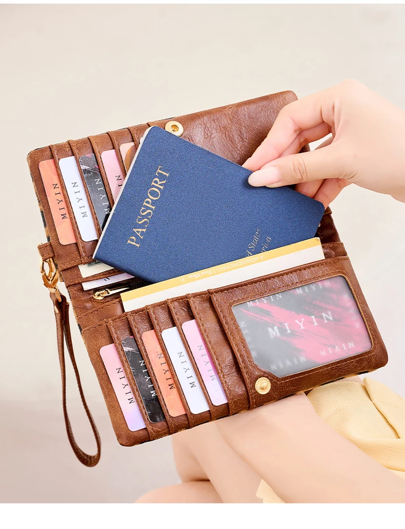 Vintage Damen-Geldbörse mit Leopardenmuster, Doppelreißverschluss, PU-Leder, lange Geldbörse, multifunktionale Kreditkarten-Clutch mit Handgelenkschlaufe – Detail 3