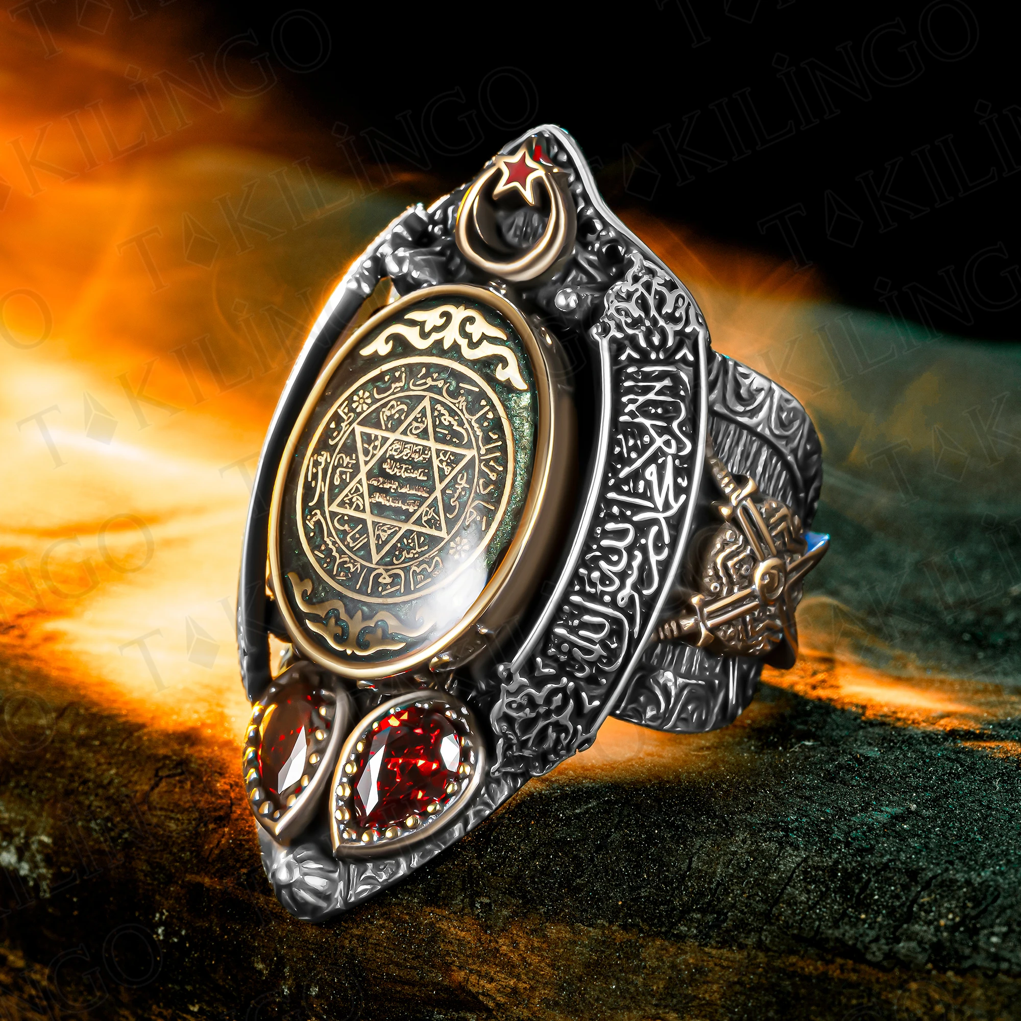 

Seven Archangels Adjustable Ring 925 Sterling Silver Adjsutable Green The Seal Of Solomon Islamic Thumb Amulet Ring