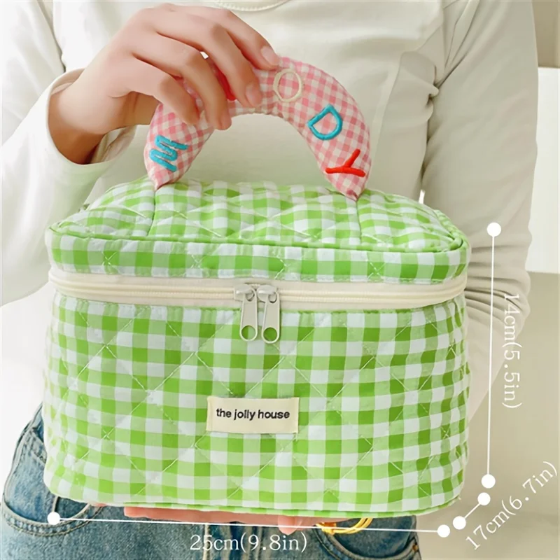 1pc cute color contrast check delicate bucket makeup bag for ladies outdoor travel