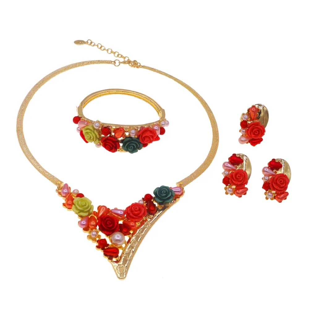 Fashion Women Jewelry Necklace Set Simple Colorful Flower Buds Necklace Dubai Woman Gold Plated Collar Earrings Ring