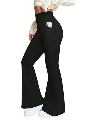 Women's Black High-Waisted Flared Pants - Soft Elastic Trousers with Pockets, Comfortable Fit, Elegant Design, Casual Wear