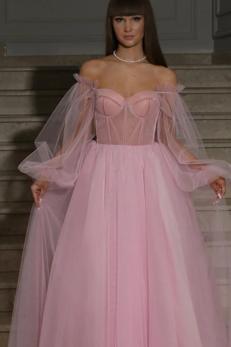 Annie Puff Long Sleeves Prom Dresses Pink Tulle Princess Evening Dresses A-line Off-shoulder Wedding Party Dresses