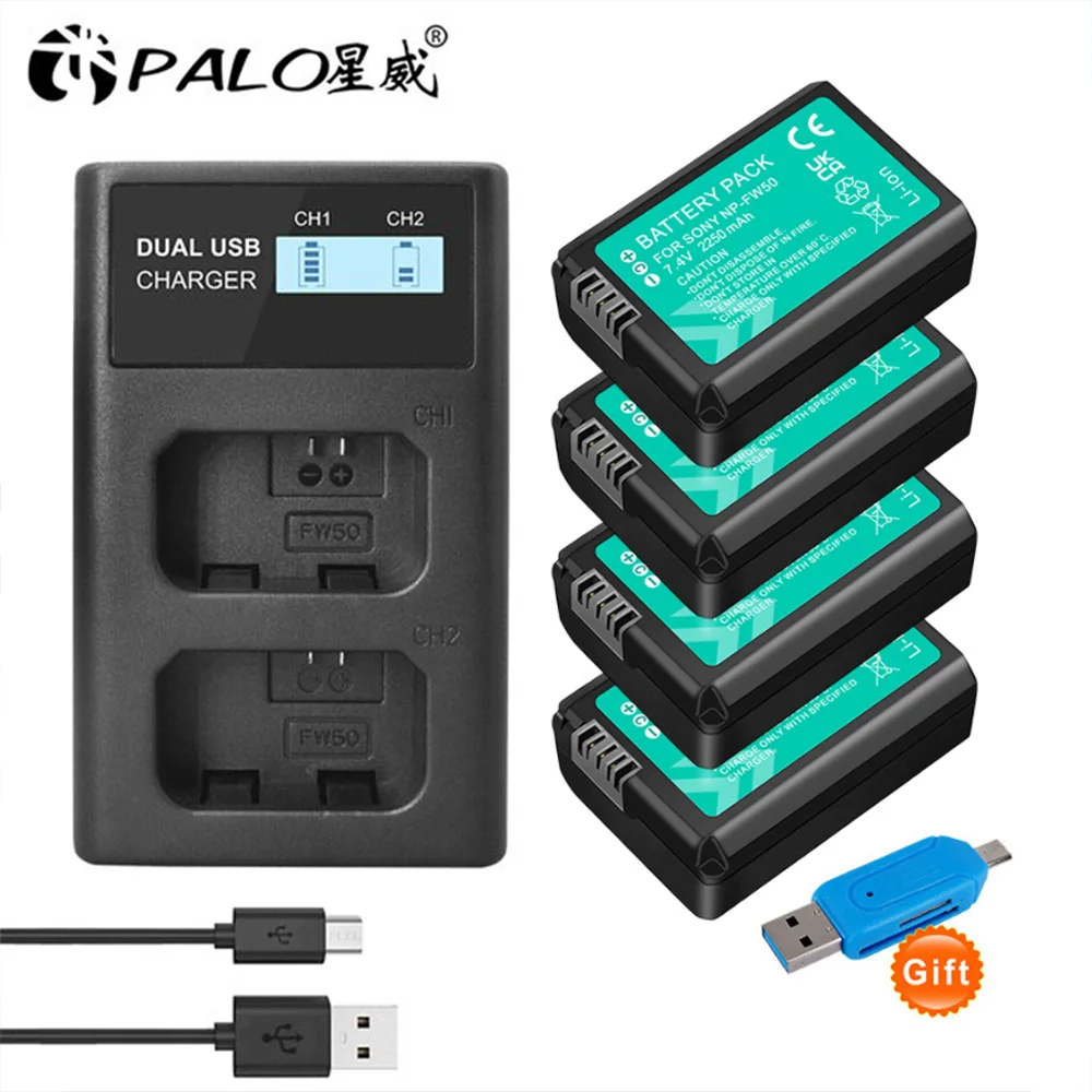 PALO 2000mAh NP-FW50 NP FW50 Battery AKKU+LCD Dual Charger for Sony Alpha a6500 a6300 a7 7R a7R a7R II a7II NEX-3 NEX-3N NEX-5