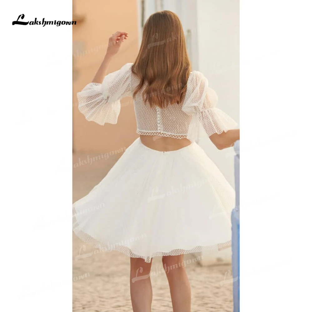 

Boho Deep V Neck Short Puff Sleeve Back Button Lace Summer Short A Line Wedding Dress Customized Bridal Gowns vestidos de novia