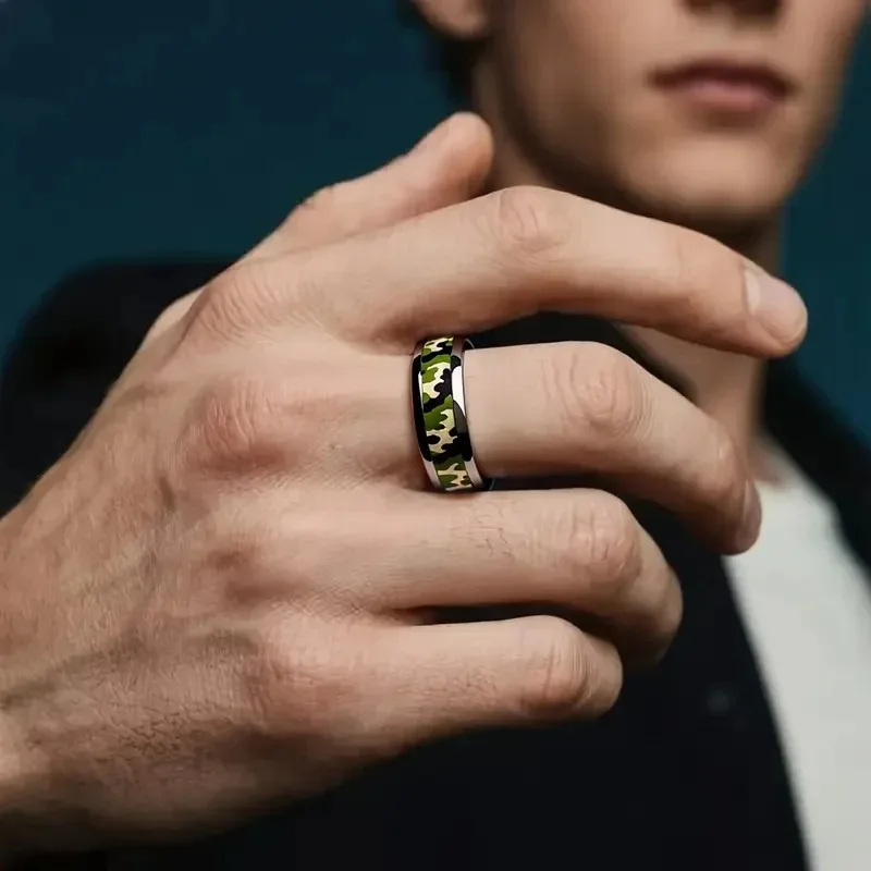 Cool 8mm Silver Color Camo Pattern Inlay Ring for Men