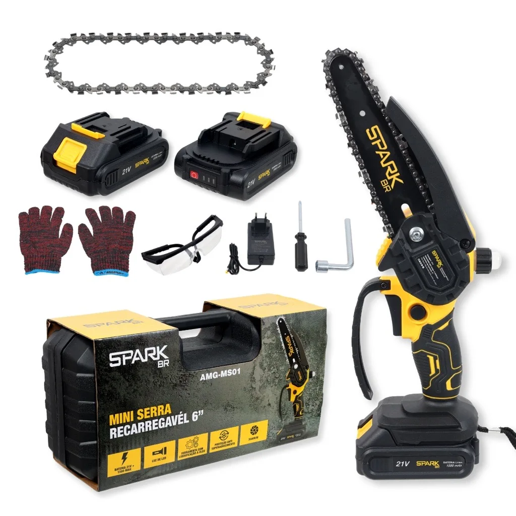 mini-electric-chainsaw-sparkbr-6-rechargeable-21v-2-batteries-extra-chain-chain-led-indicator-lock-safety-accessories