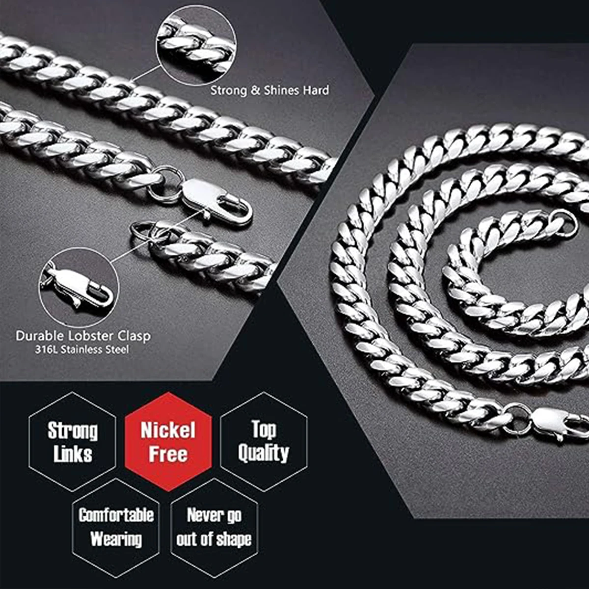 10mm Silvery Stainless Steel Cuban Link Chain Necklace Bracelet for Men 7.5-30 Inch Adjustable Hip Hop Jewelry Gift