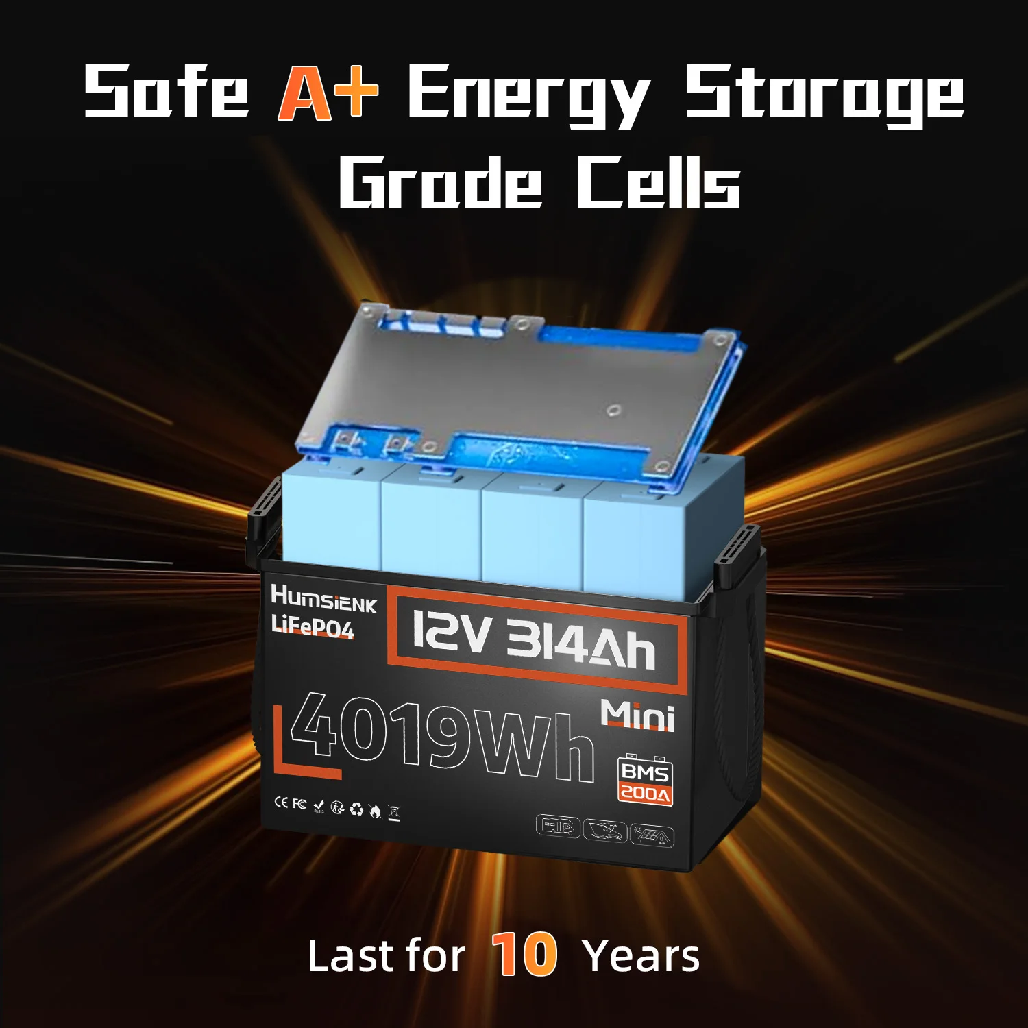 Humsienk 12V 314Ah MINI LiFePO4 Battery, Capacity 4019Wh & 200A BMS, 15000+ Deep Cycle, Low-Temp Protection For RV, Van, Golf Cart, Boat, Camper, Marine, Trolling Motor, Off-Grid, Solar Energy Storage, 5-Year Warranty - view 4