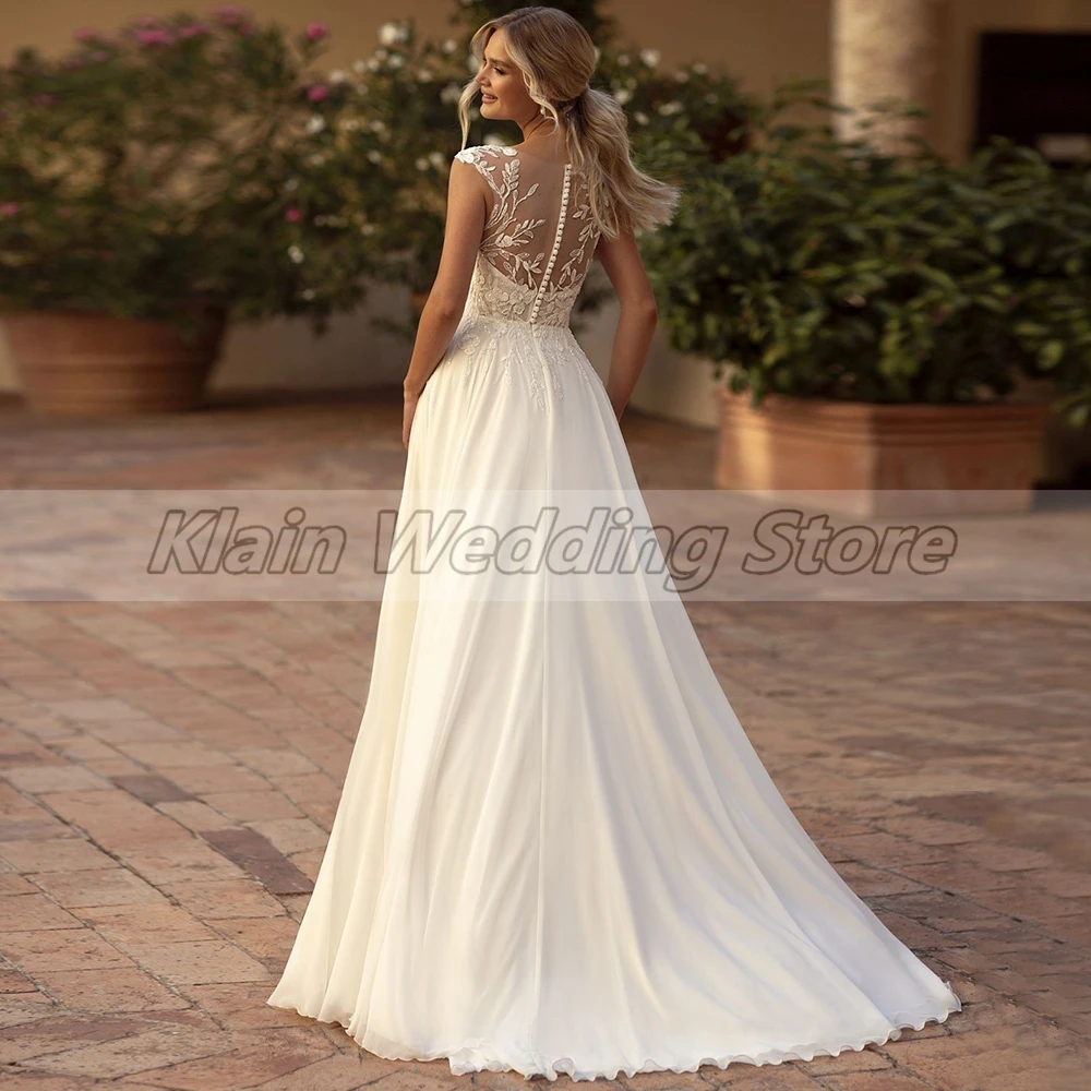 Customized Classic Cap Sleeve Beach Wedding Dress For Brides Sexy Illusion V-Neck Lace Chiffon Side Slit Civil Bridal Gowns Robe