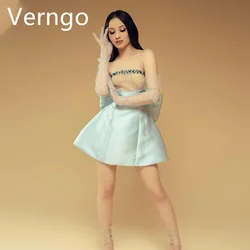 Verngo-短いカクテルドレス,青いサテン,スパンコールのついたウエディングドレス,ラインボウ,カスタムの誕生日パーティードレス,ミニパーティードレス