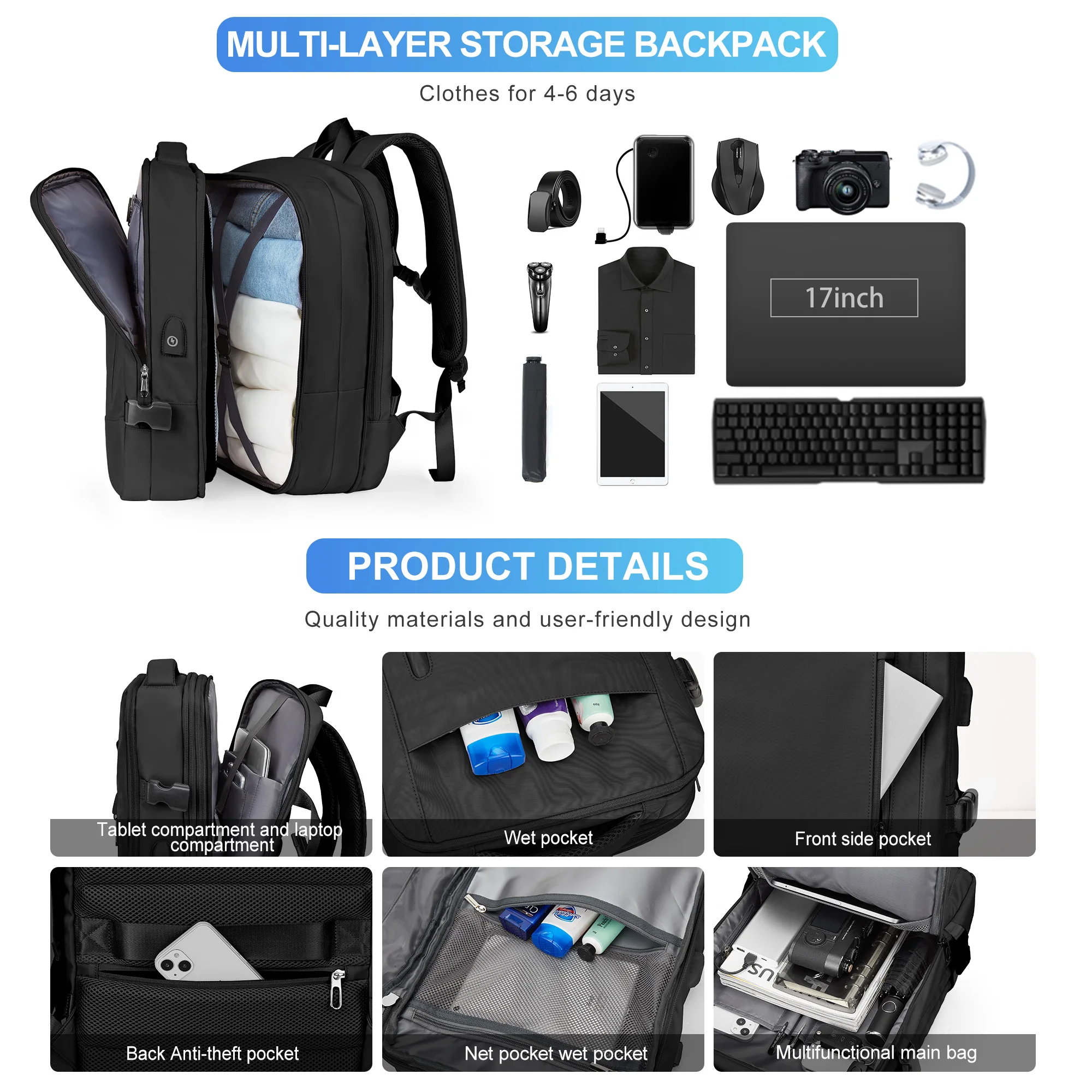 Travel Backpack for Men, Expandable Laptop Backpack with USB Port, Large Waterproof Anti Theft Business Computer Bag for Women