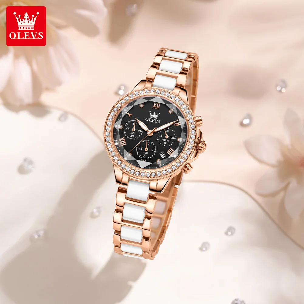 

OLEVS 9999 Кварцевые женские часы с тремя маленькими циферблатами и датой, керамический ремешок, водонепроницаемые часы с бриллиантами, элегантные наручные часы, рождественский подарок