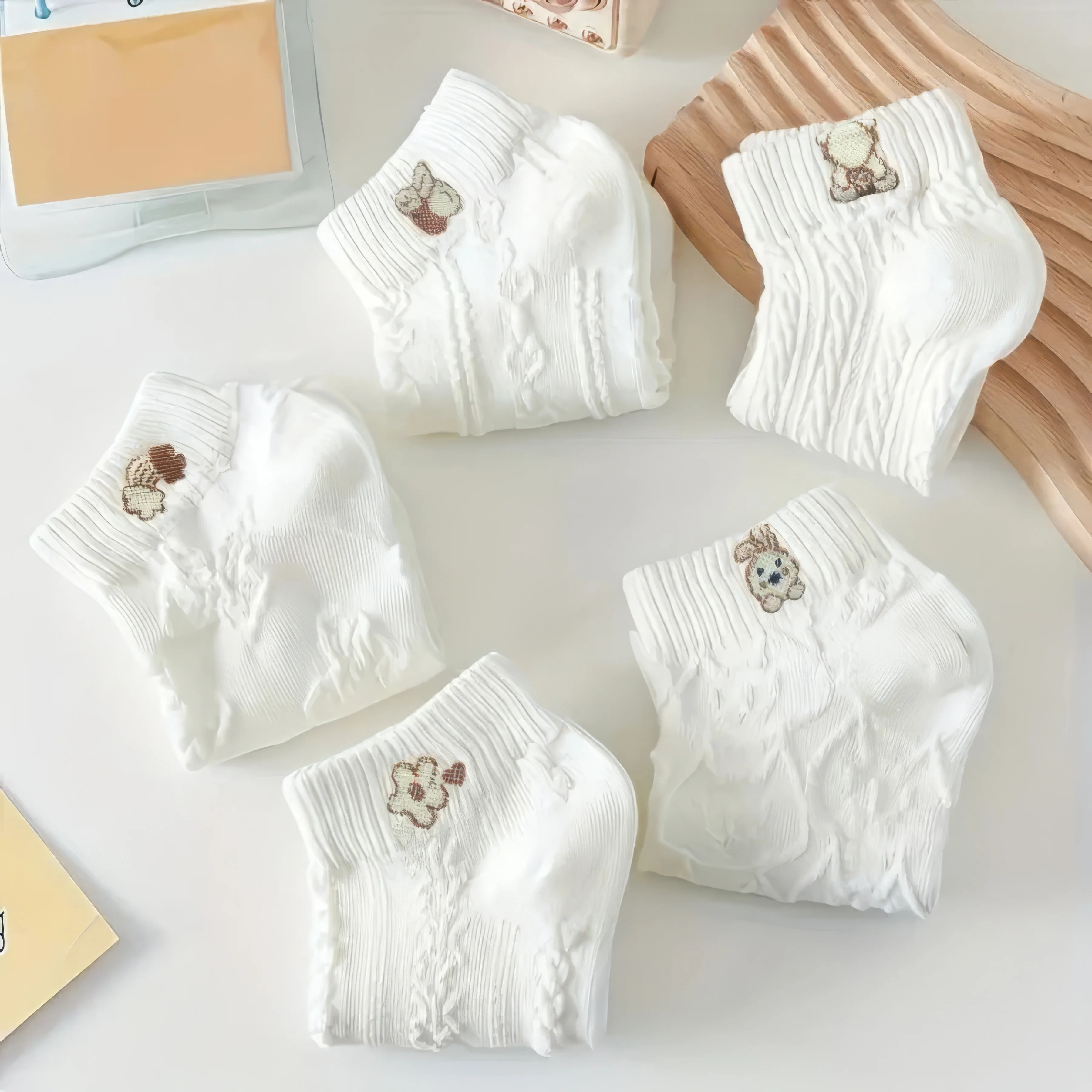 5 Pairs White Socks with Cartoon Emoji Patterns - Soft Smooth Ribbed, Playful Expressions for Daily Style Accessory