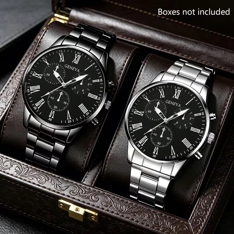2-Piece Simple Casual Men's Watch Set, with a Stylish and Sophisticated Feel, Made of Stainless Steel The Perfect Gift for Father's Day, Birthdays, Ramadan, Anniversaries, and Everyday Wear.