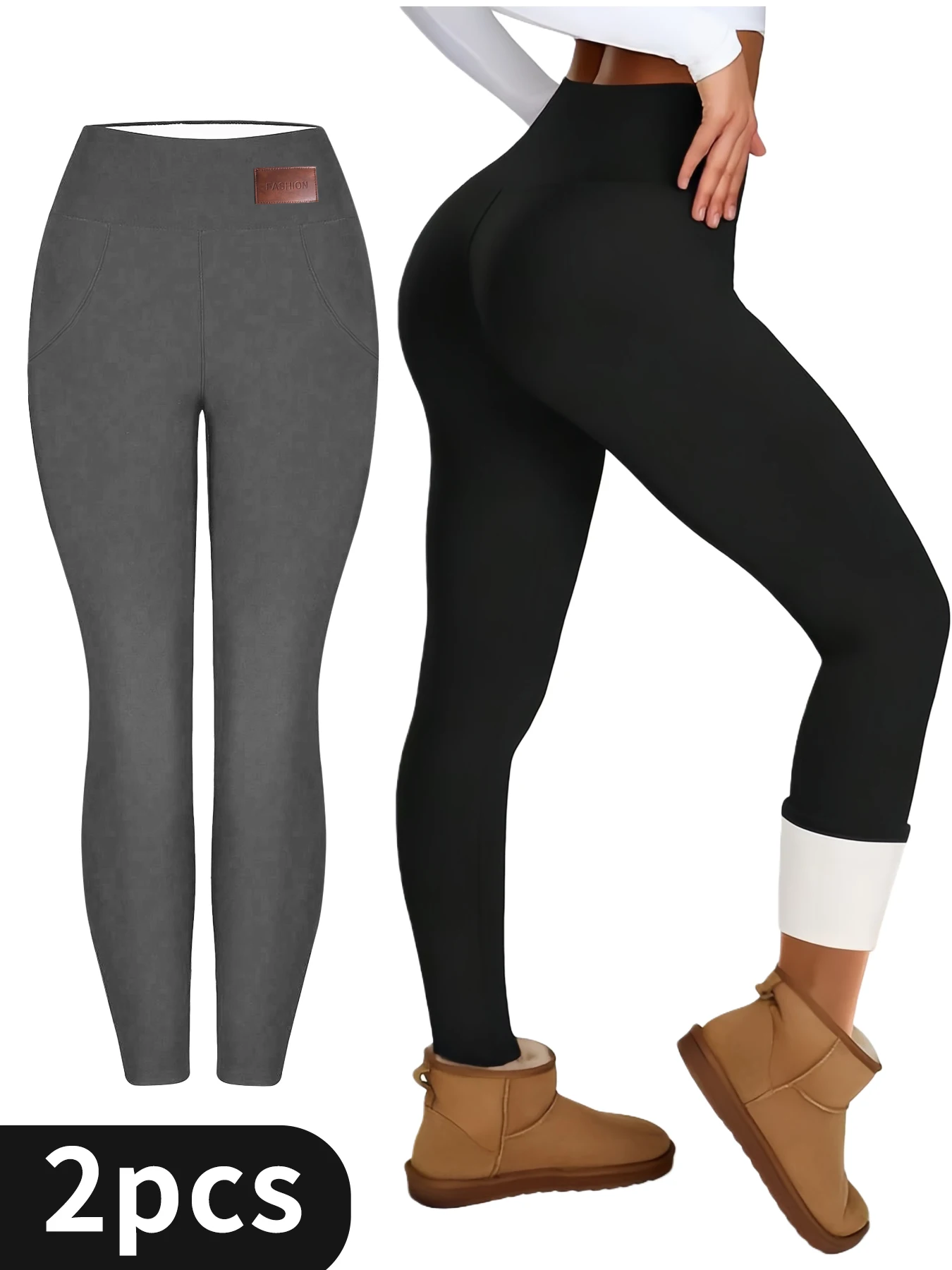 

2-Pack Women's Thermal Fleece Leggings (Black&Grey) High Waist Tummy Control Yoga Pants,Fleece-Lined Thermal Leggings for Yoga